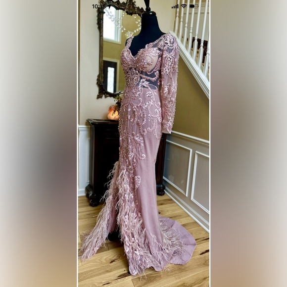 Portia and Scarlett Blush Long Sleeve Feather Fringed Embroidered Gown Size 6 - Picture 6 of 14